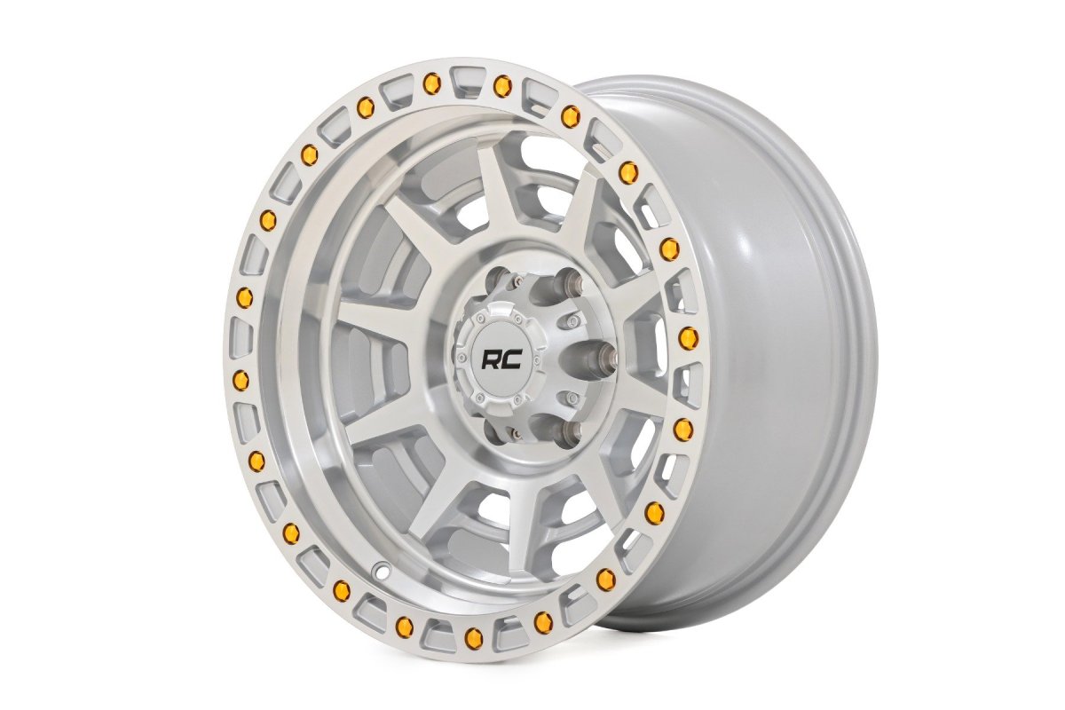 Wheel - Rough Country - 85 Series, Simulated Beadlock, Full Machined Finish, 17x9, 8x6.5 bolt pattern, 0mm offset, One-piece Aluminum with gold hardware and machined RC center cap - Full Machined